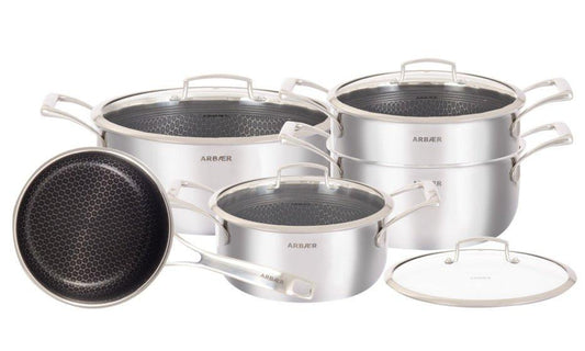 Arbaer 9 Piece Induction Pan Set With Honeycomb Nonstick Coating Including Sauce Pans And Casseroles.