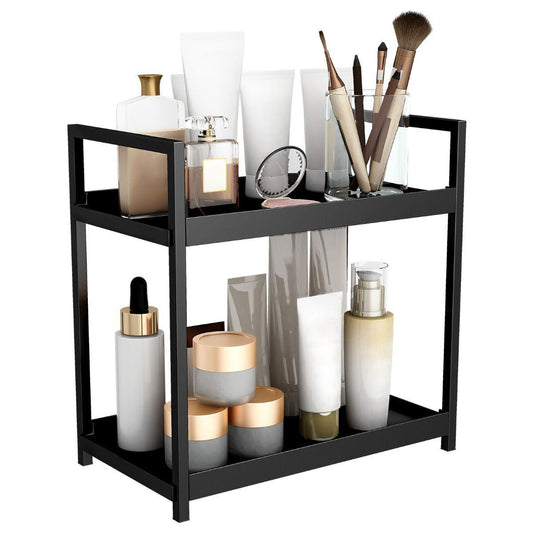 Black Bathroom Countertop Organizer With Basket Modern Storage For Toiletries And Makeup.