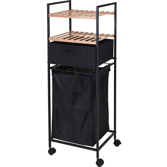 Bathroom Storage Rack with Laundry Basket 2 Tier Bamboo & Metal Organizer Shelf - Afanaya