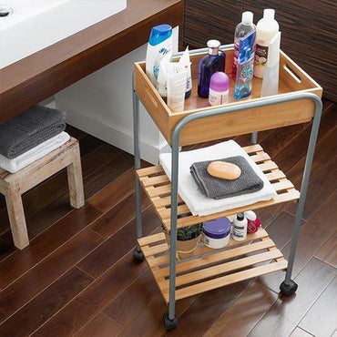 Bathroom Storage Trolley Bamboo And Metal Organizer With Shelves For Modern Bathroom.