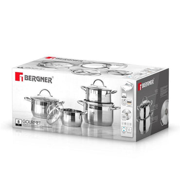 Bergner Gourmet Stainless Steel Cookware Set Four Pans with Lids Induction Compatible.