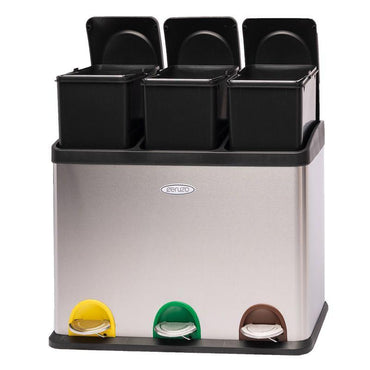 Ceruzo Stainless Steel 45L Recycling Bin with Three Removable 15L Compartments and Pedal Lids.