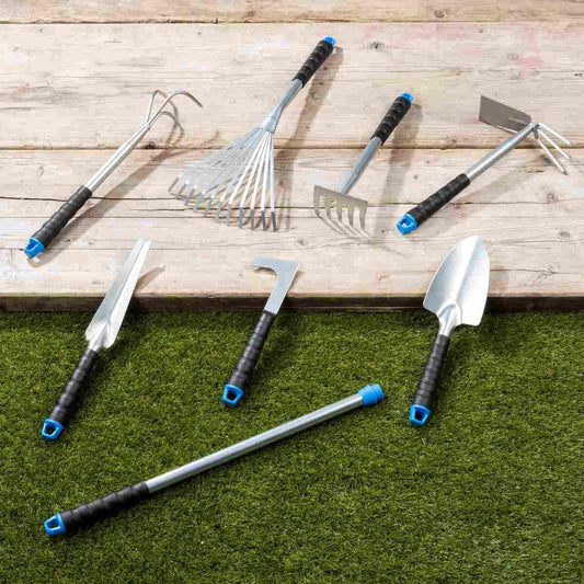 8-Piece Garden Tool Set – Metal and Plastic Gardening Kit with Rake, Shovel & Telescopic Handle.