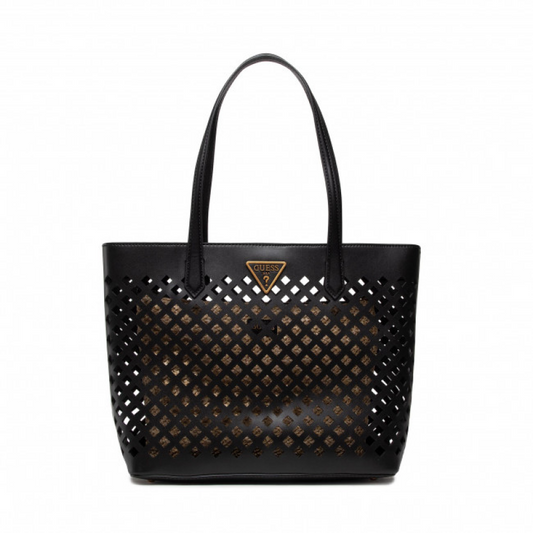 Guess Aqua Schwarze & braune Textilhandtasche für Damen — Luxuriöse zweifarbige Designertasche (29x32/40x12 cm)
