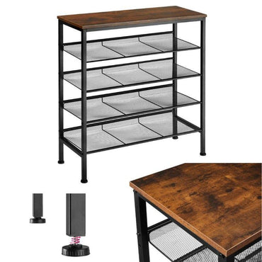 Metal Shoe Rack with 4 Black Grid Shelves and Wooden Top Shelf – Adjustable Legs (76x30x86 cm).