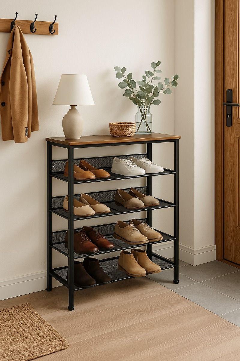 Metal Shoe Rack with 4 Black Grid Shelves and Wooden Top Shelf – Adjustable Legs (76x30x86 cm).