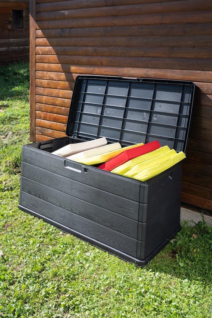 Outdoor Storage Chest – 340L Weatherproof Box with Wood Effect Finish (118 x 59 x 57 cm).