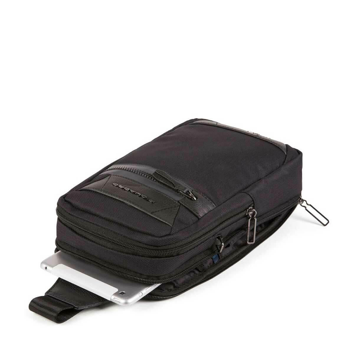 Piquadro Trakai Leather & Fabric Mono Sling Crossbody Bag Black for Men 31x18x7cm.