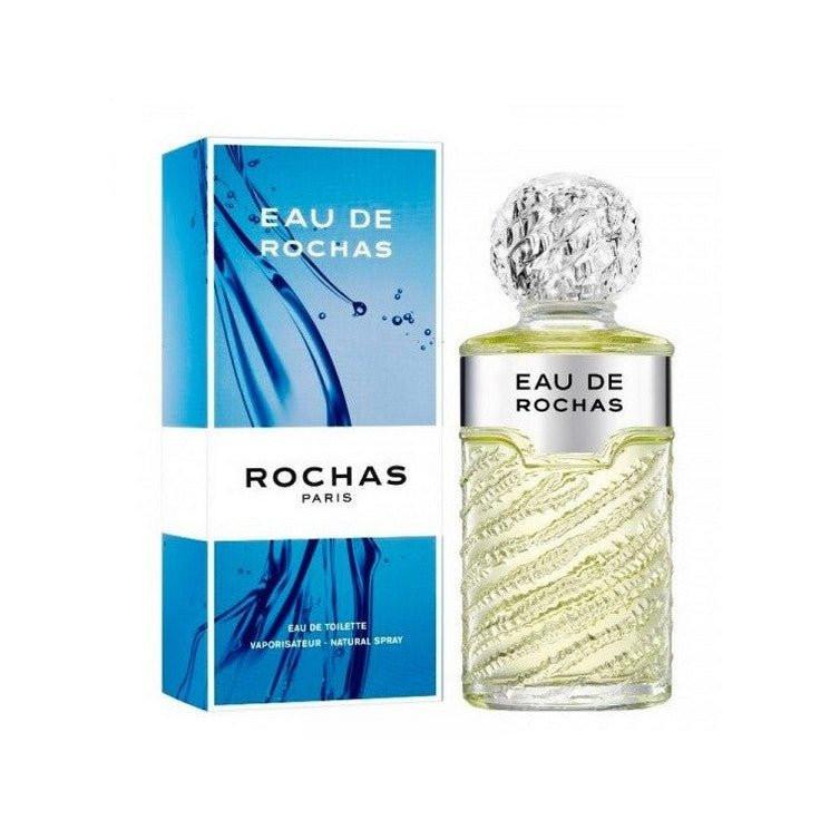 Eau de Rochas perfume bottle with textured glass and blue box, luxury fragrance for women