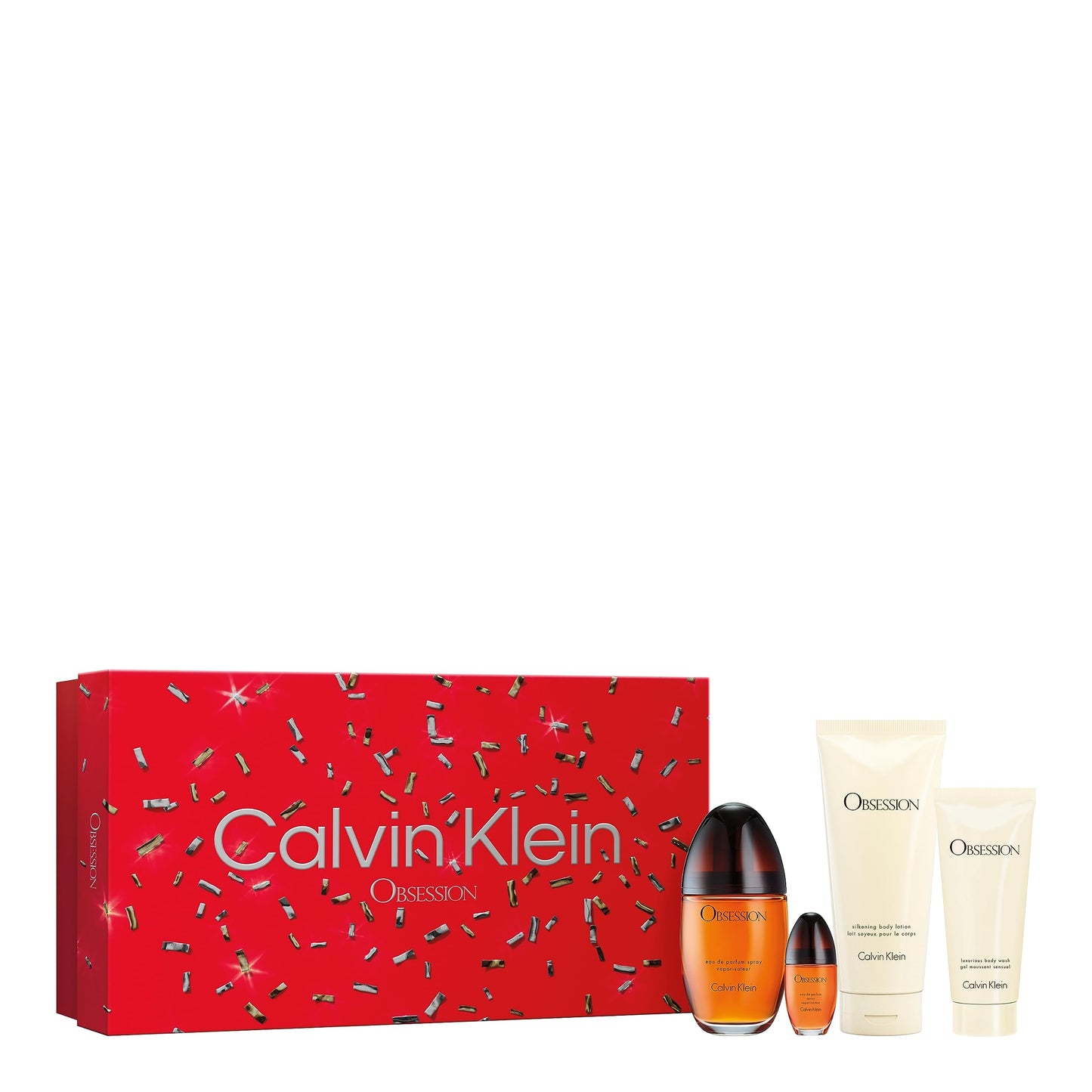Set Calvin Klein: Obsession, Eau De Parfum, für Damen, 100 ml + Obsession, Eau De Parfum, für Damen, 15 ml *Miniatur + Obsession, feuchtigkeitsspendendes Duschgel, 100 ml + Obsession, feuchtigkeitsspendende Body Lotion, 200 ml