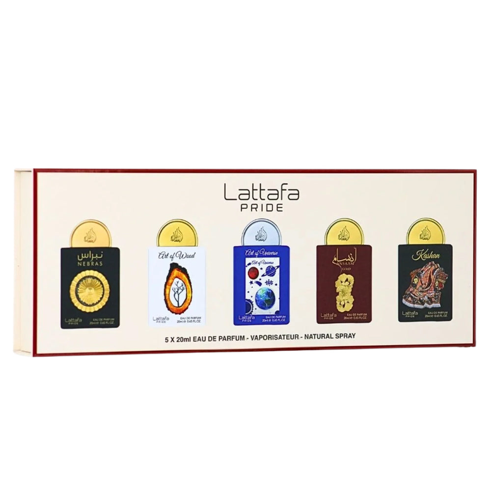 Coffret Cadeau Miniature Lattafa pour Femme 5x20ml EDP – Nebras, Art of Wood, Art of Universe, Ansaam Gold, Kashan