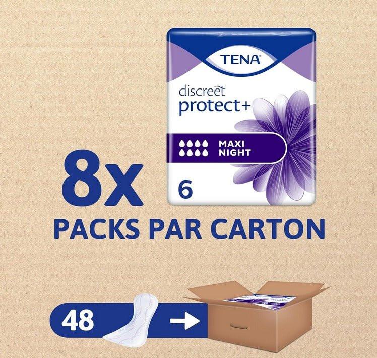 TENA Discreet Protect+ Maxi Night incontinence pads, 8 packs per carton, 48 total pads