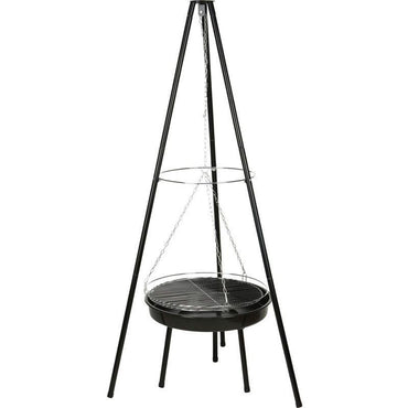 Hanging Fire Bowl With Grill Grate Three Legged Tripod Outdoor Patio Heater For Cozy Evenings.