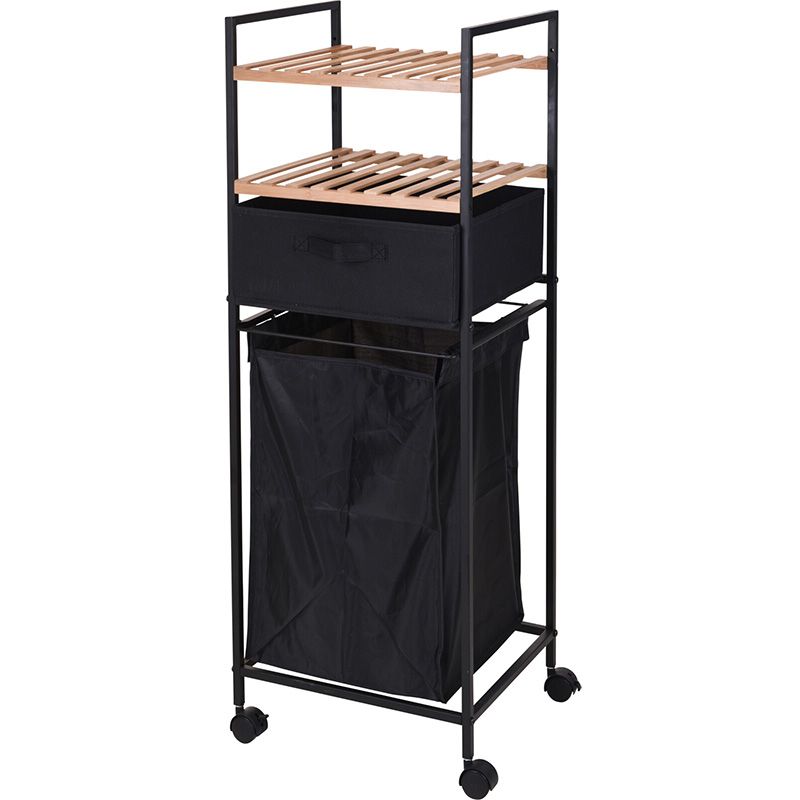 Bathroom Storage Rack with Laundry Basket 2 Tier Bamboo & Metal Organizer Shelf - Afanaya