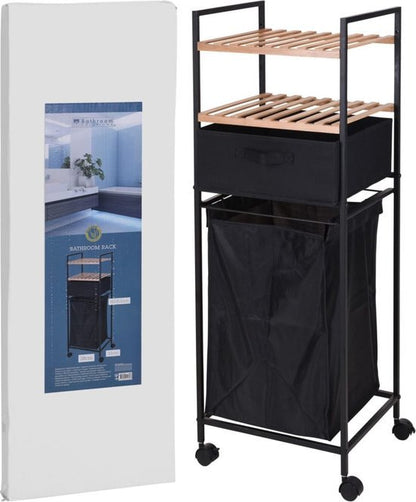 Bathroom Storage Rack with Laundry Basket 2 Tier Bamboo & Metal Organizer Shelf - Afanaya