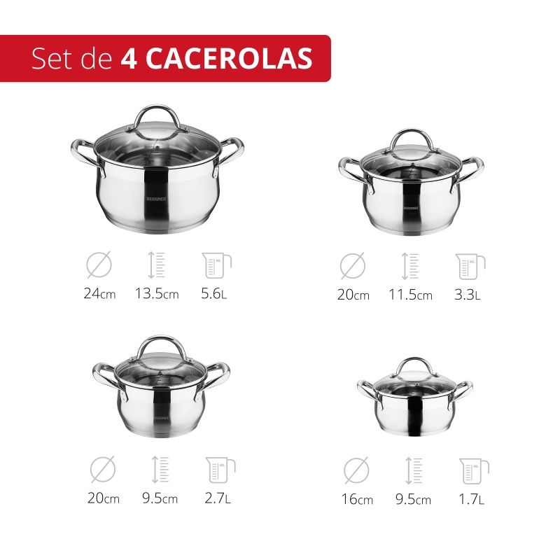 Bergner Gourmet Stainless Steel Cookware Set 4 Cooking Pans with Lids Induction Compatible - Afanaya