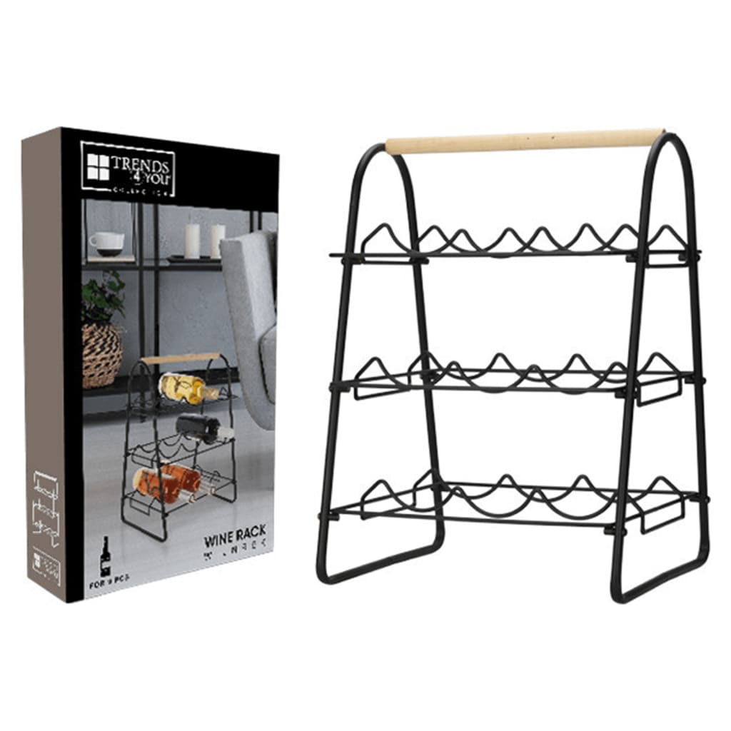 Metal Wine Rack Holds 9 Bottles Modern Freestanding Wine Storage Organizer for Home & Kitchen - Afanaya