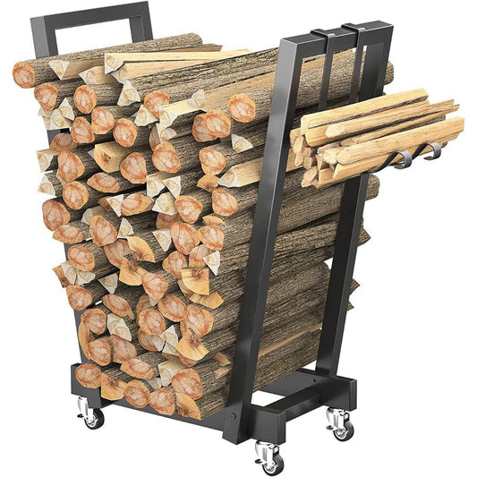 Metal Wood Rack – Rolling Firewood Storage Stand.