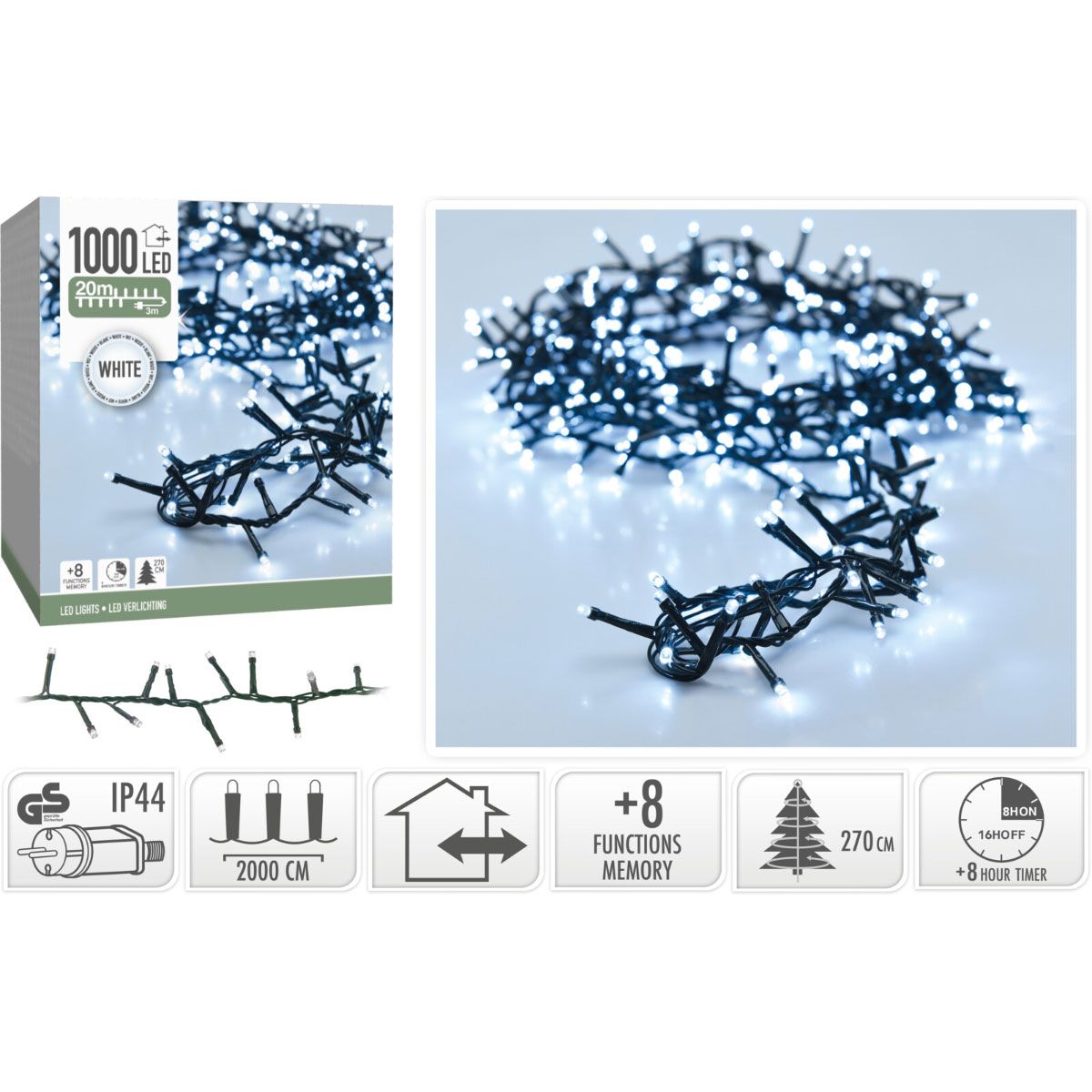 Microcluster - 1000 Led - 20M - Wit - Timer - Lichtfuncties - Geheugen - Buiten - Afanaya