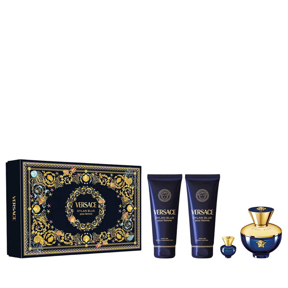 Coffret Versace : Dylan Blue, Eau De Parfum, Pour Femme, 100 ml + Dylan Blue, Lait Corps Hydratant, 100 ml + Dylan Blue, Gel Douche Hydratant, 100 ml + Dylan Blue, Eau De Toilette, Pour Homme, 5 ml