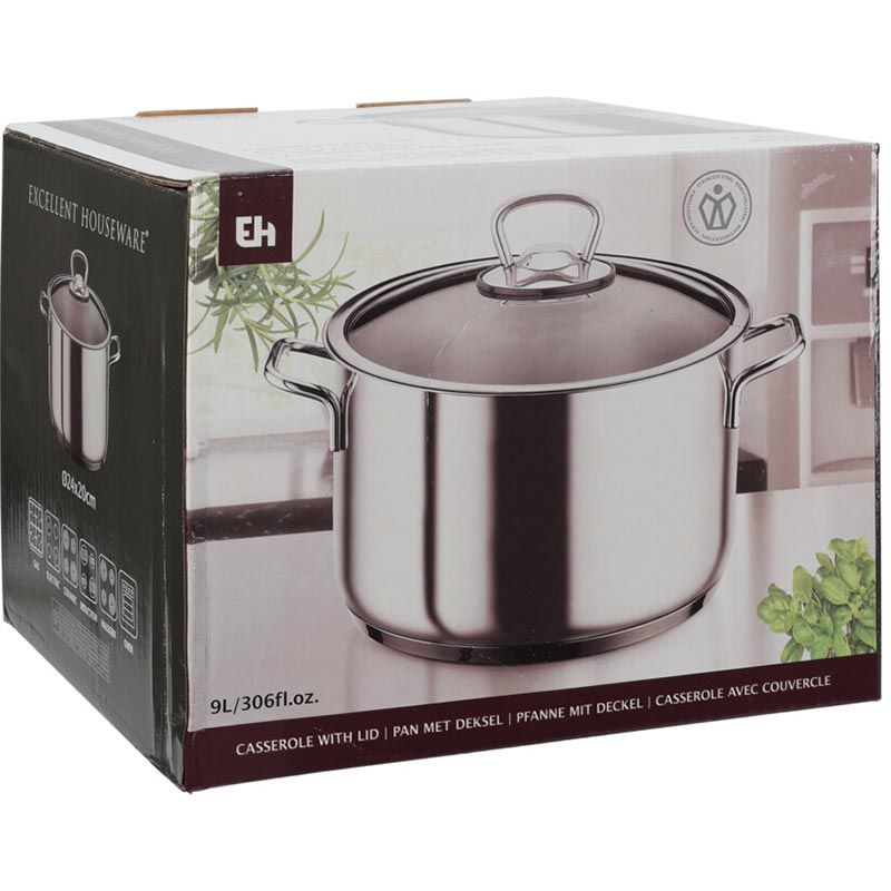 Stainless Steel Cooking Pot with Lid 9.0L Large Capacity Induction Compatible Kitchen Cookware - Afanaya